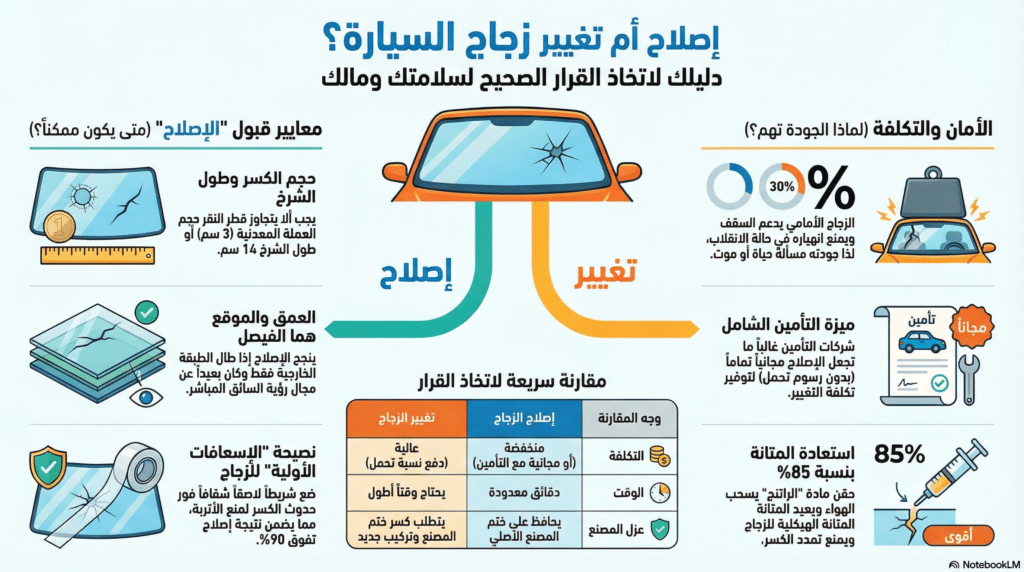 مقارنة بين إصلاح شروخ زجاج السيارات وتغييره بالكامل - توتال جلاس