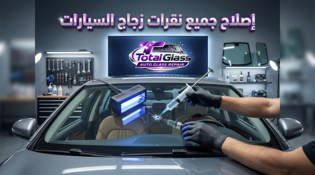 عملية اصلاح نقر زجاج السيارات باستخدام تقنيات حديثة في مركز توتال جلاس التجمع الخامس.