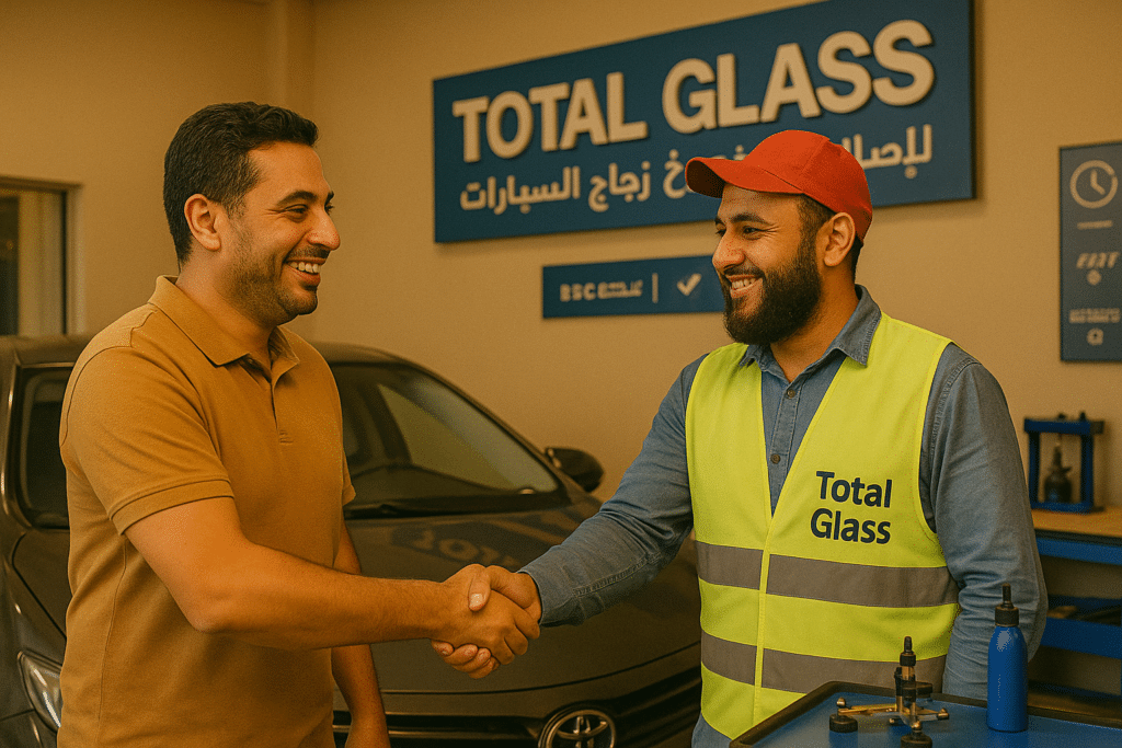 عميل سعيد بعد إصلاح زجاج سيارته في مركز توتال جلاس التجمع الخامس