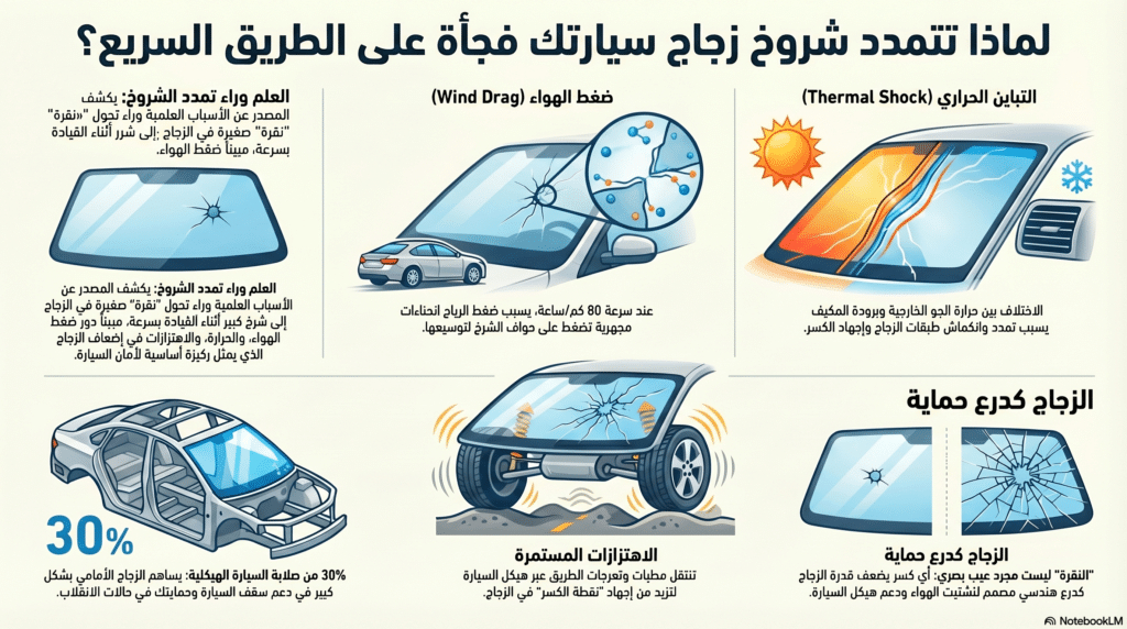 صورة توضيحية تبين تأثير ديناميكية الهواء والسرعة على تمدد الكسور، مما يبرز الأهمية القصوى لسرعة التدخل و اصلاح شروخ زجاج السيارات بمركز توتال جلاس التجمع الخامس.