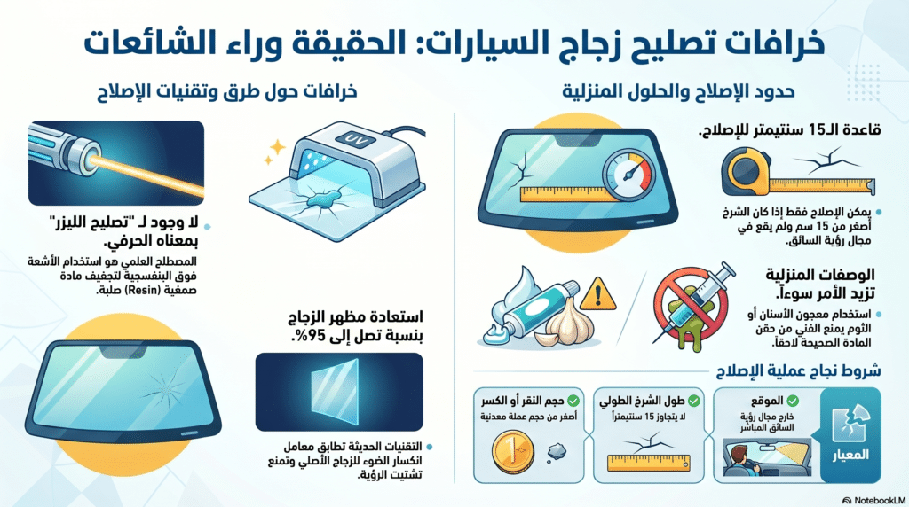 صورة توضيحية تفند الخرافات الشائعة حول اصلاح شروخ زجاج السيارات وتبرز الحقائق الفنية والهندسية المعتمدة في مركز توتال جلاس التجمع الخامس.