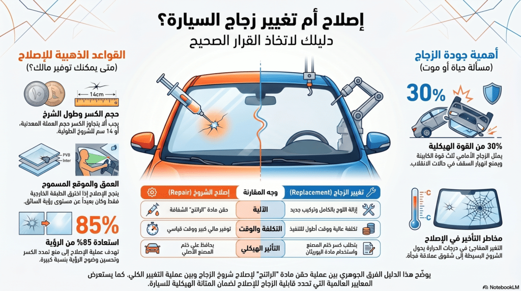 صورة توضيحية تقارن بين خياري التعامل مع الكسور، وتبرز الأفضلية الهندسية لعملية تصليح شروخ زجاج السيارات كبديل آمن للاستبدال في مركز توتال جلاس التجمع الخامس.