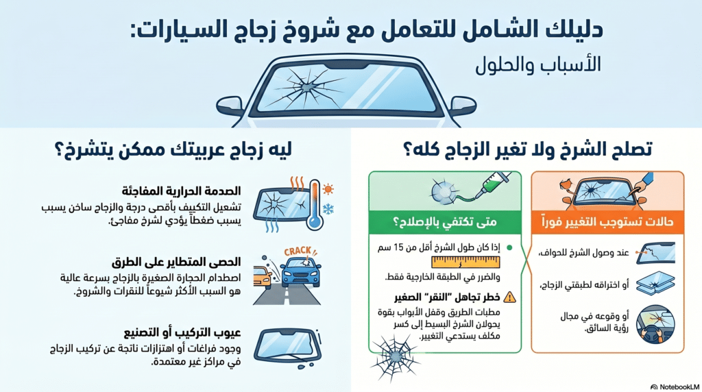 صورة تحليلية توضح أبرز العوامل الفيزيائية المسببة للكسور وكيفية تفاديها، مع التأكيد على أهمية سرعة التدخل لـ علاج شروخ زجاج السيارات بمركز توتال جلاس التجمع الخامس.