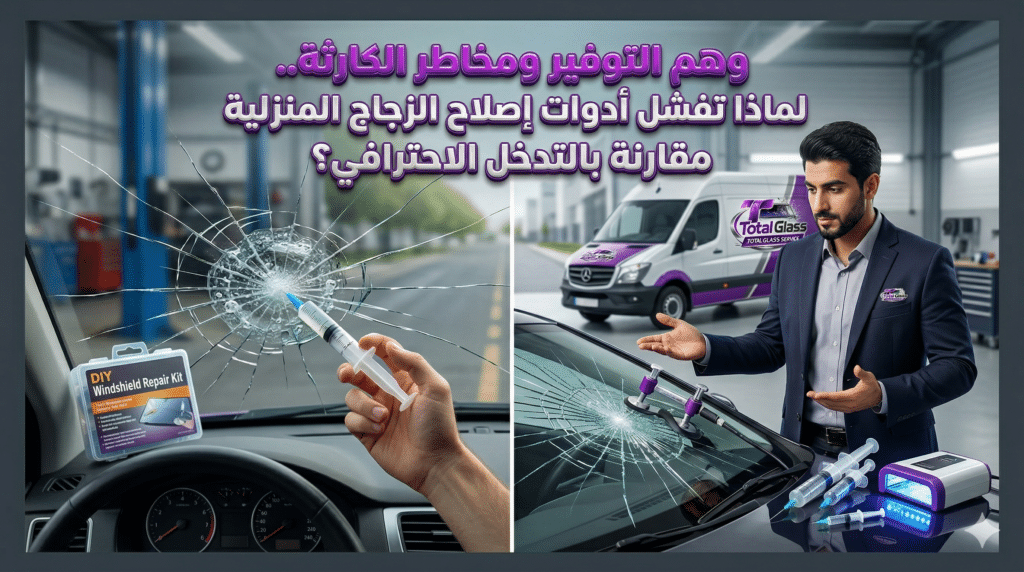 صورة توضيحية لاستخدام أدوات الإصلاح المنزلية التجارية والتي تفتقر للدقة الهندسية اللازمة لإتمام عملية تصليح شروخ زجاج السيارات بشكل آمن ومستدام.