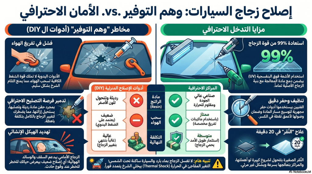 صورة توضيحية لعملية استخدام أدوات الإصلاح المنزلية (DIY) غير الفعالة، والتي تزيد من مخاطر تلف الزجاج وتعيق التدخل الاحترافي لـ لحام زجاج السيارات بمركز توتال جلاس التجمع الخامس.