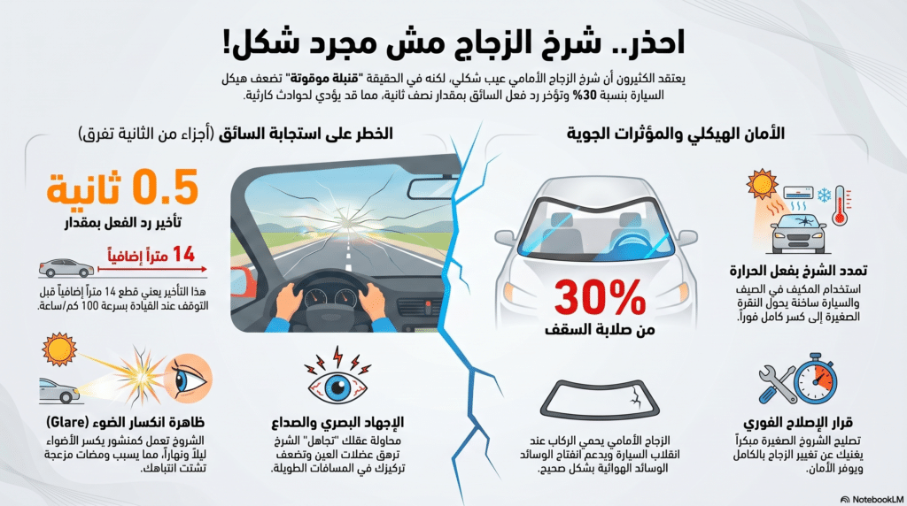 صورة توضيحية تبرز الخطر الخفي لتشتت الرؤية والنقاط العمياء الناتجة عن الكسور، مما يؤكد على الضرورة القصوى لسرعة التدخل و علاج شروخ زجاج السيارات بمركز توتال جلاس التجمع الخامس.