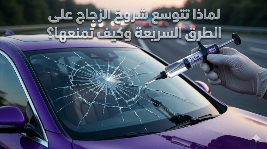 صورة توضيحية تبين تأثير ضغط الهواء واهتزازات الطرق السريعة على تمدد الكسور، مما يستوجب سرعة التدخل لـ علاج شروخ زجاج السيارات بمركز توتال جلاس التجمع الخامس.