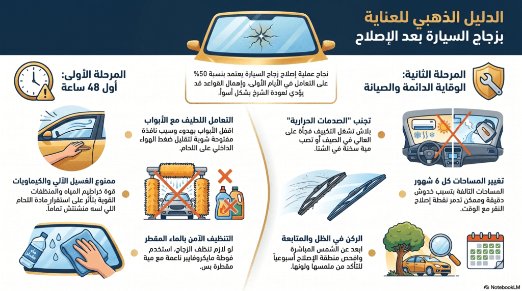 صورة إرشادية توضح أهم التعليمات الفنية للحفاظ على زجاج السيارة بعد إتمام عملية تصليح شروخ زجاج السيارات بنجاح في مركز توتال جلاس التجمع الخامس.