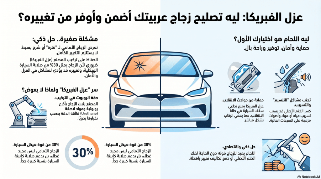 صورة توضيحية تبرز أهمية الحفاظ على عزل الفابريكا الأصلي للسيارة من خلال الاعتماد على لحام زجاج السيارات كبديل آمن للاستبدال بمركز توتال جلاس التجمع الخامس.