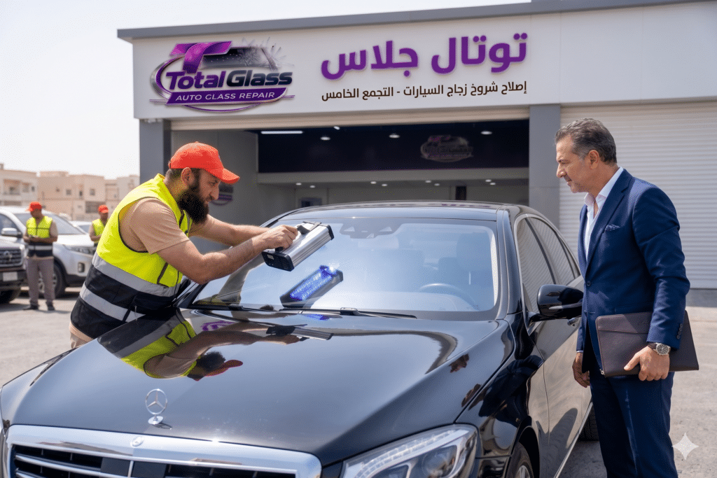 فني محترف من توتال جلاس يستخدم أجهزة المعالجة المتقدمة لـ تصليح زجاج السيارات بالليزر أمام العميل مباشرة، في أفضل محل تصليح زجاج السيارات بالتجمع الخامس.