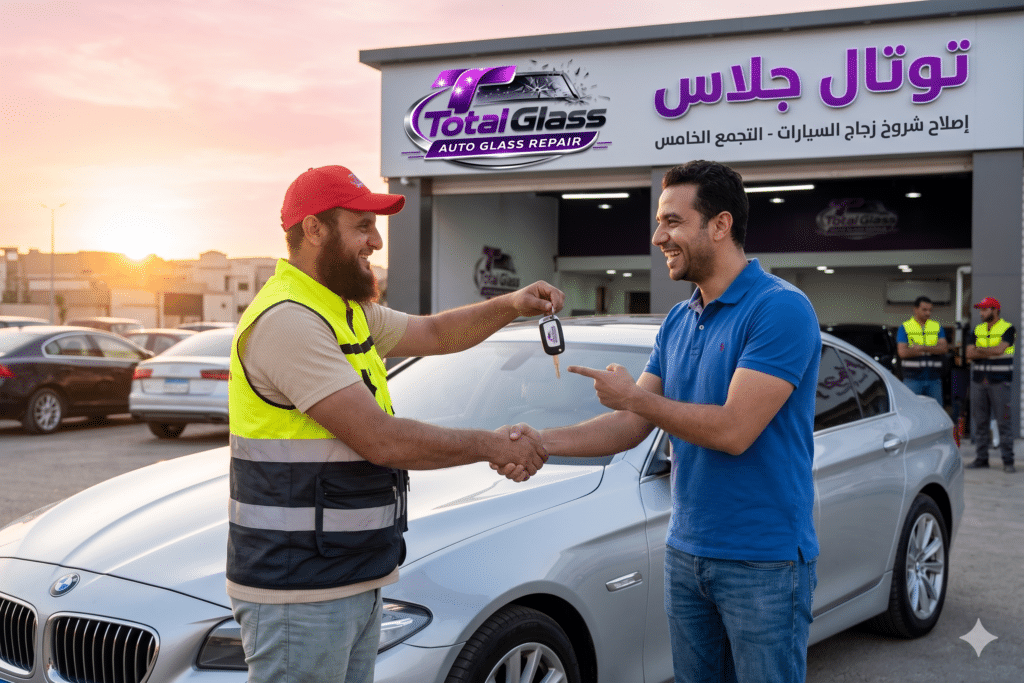 عميل سعيد يصافح فني مركز توتال جلاس ويتسلم مفتاح سيارته بعد نجاح عملية تصليح زجاج سيارات التجمع الخامس وإنقاذ زجاج الفابريكا الأصلي.