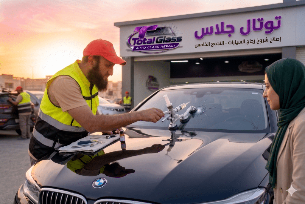فني محترف من مركز توتال جلاس يقوم بشرح وتطبيق خطوات تصليح زجاج السيارات بالليزر أمام العميلة مباشرة لمعالجة كسر في زجاج سيارة فاخرة بالتجمع الخامس.
