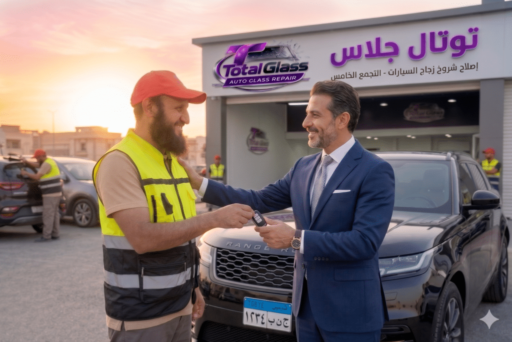 ابتسامة رضا وثقة من عميل يستلم مفتاح سيارته الفارهة بعد نجاح عملية تتصليح زجاج سيارات التجمع الخامس ببراعة في مركز توتال جلاس.