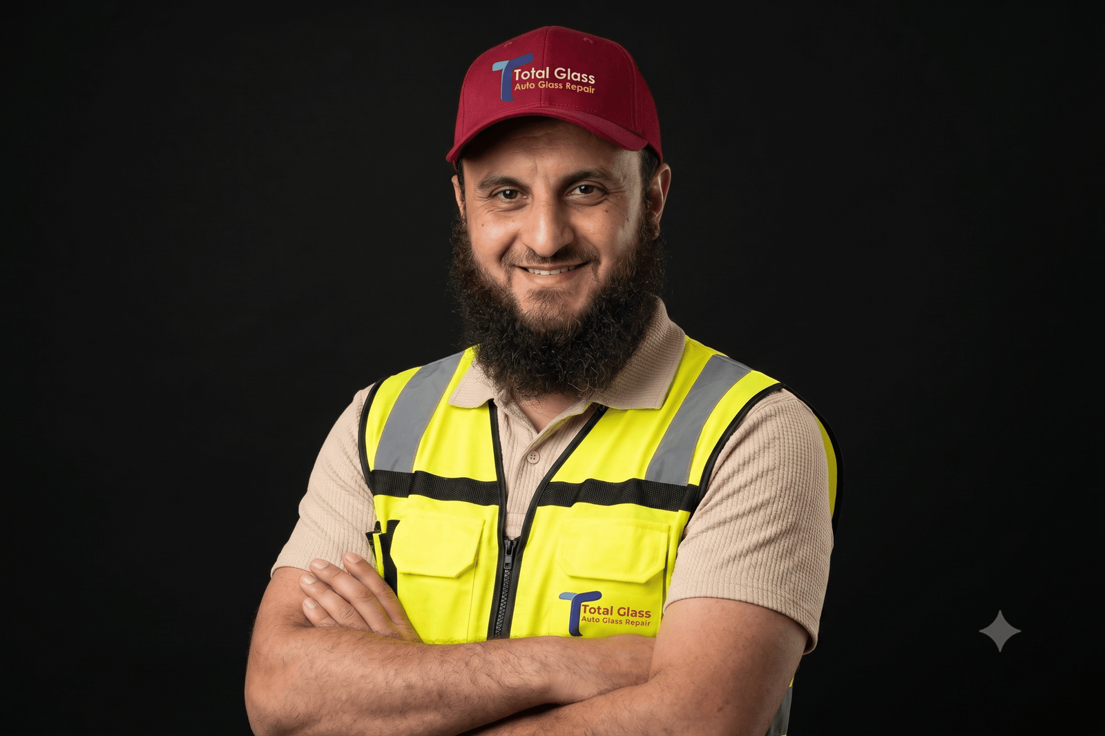 خبير متخصص من توتال جلاس، أحد أفضل اماكن تصليح شروخ زجاج السيارات المعتمدة.