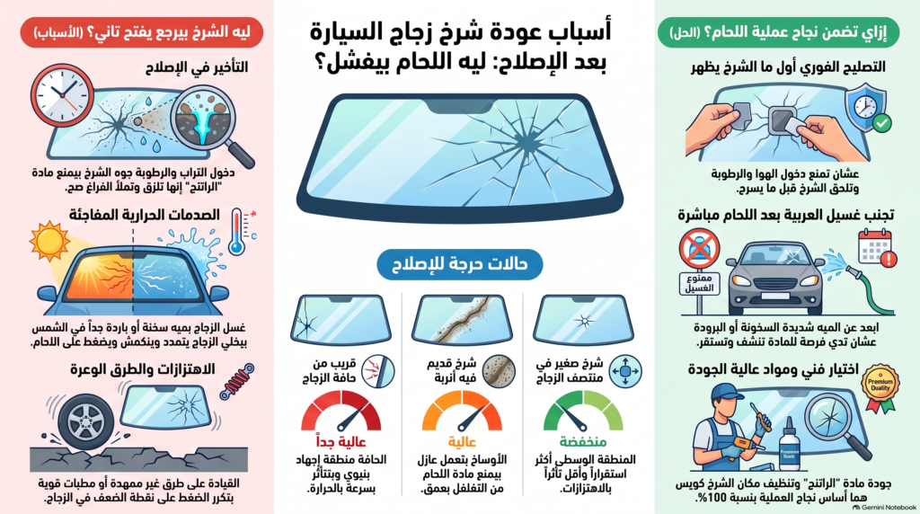 إنفوجرافيك يوضح أسباب فشل معالجة زجاج السيارات وكيفية تجنبها.